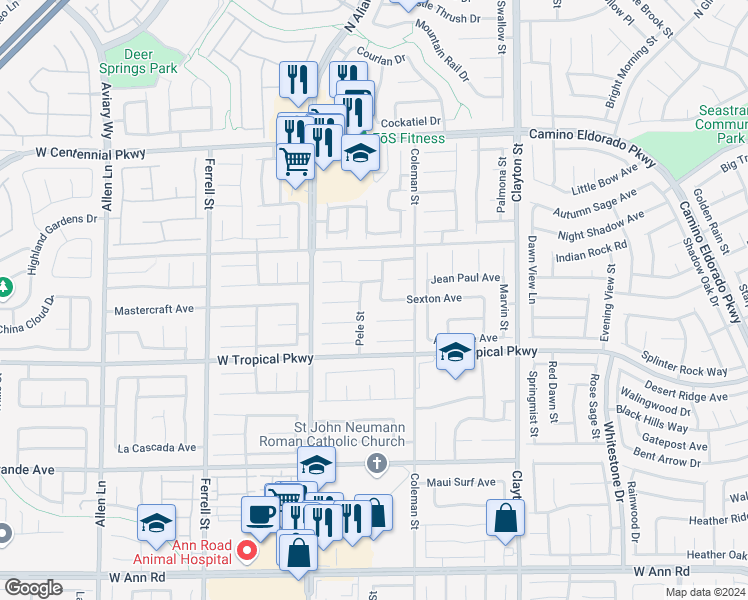 map of restaurants, bars, coffee shops, grocery stores, and more near 6101 Pahoehoe Way in North Las Vegas