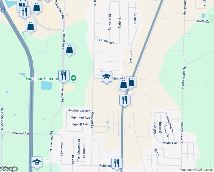 map of restaurants, bars, coffee shops, grocery stores, and more near 121 School Street in Springdale