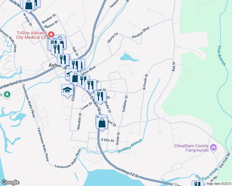 map of restaurants, bars, coffee shops, grocery stores, and more near 115 Turner Street in Ashland City
