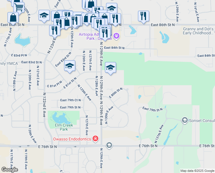 map of restaurants, bars, coffee shops, grocery stores, and more near 12919 East 80th Court North in Owasso