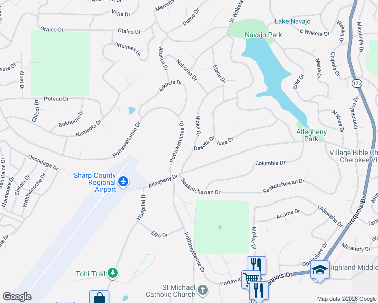 map of restaurants, bars, coffee shops, grocery stores, and more near 17 Pottawattamie Drive in Cherokee Village