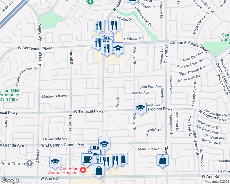 map of restaurants, bars, coffee shops, grocery stores, and more near 6114 Pele Street in North Las Vegas