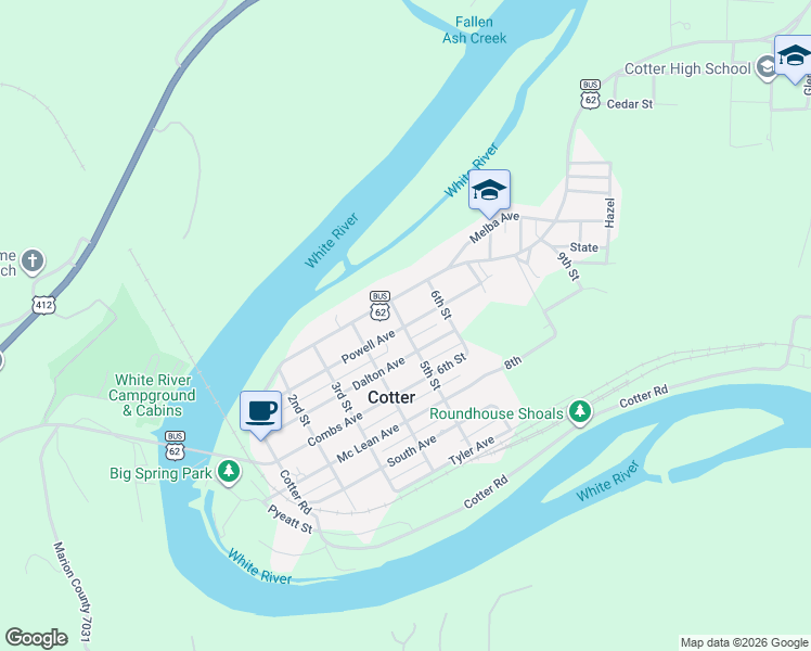map of restaurants, bars, coffee shops, grocery stores, and more near in Cotter