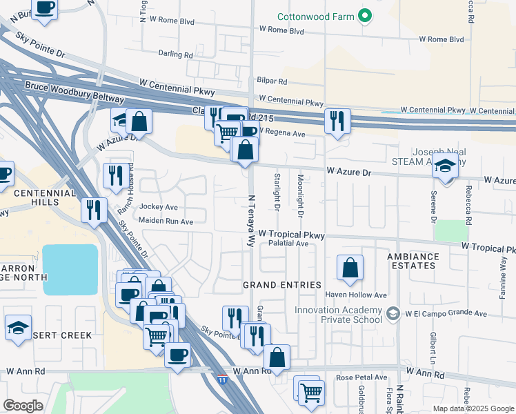 map of restaurants, bars, coffee shops, grocery stores, and more near 2 North Tenaya Way in Las Vegas