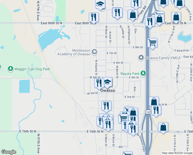 map of restaurants, bars, coffee shops, grocery stores, and more near 399 North Atlanta Street in Owasso
