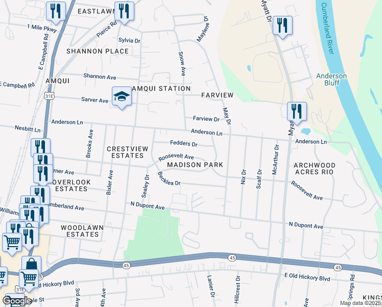 map of restaurants, bars, coffee shops, grocery stores, and more near 537 Roosevelt Avenue in Nashville