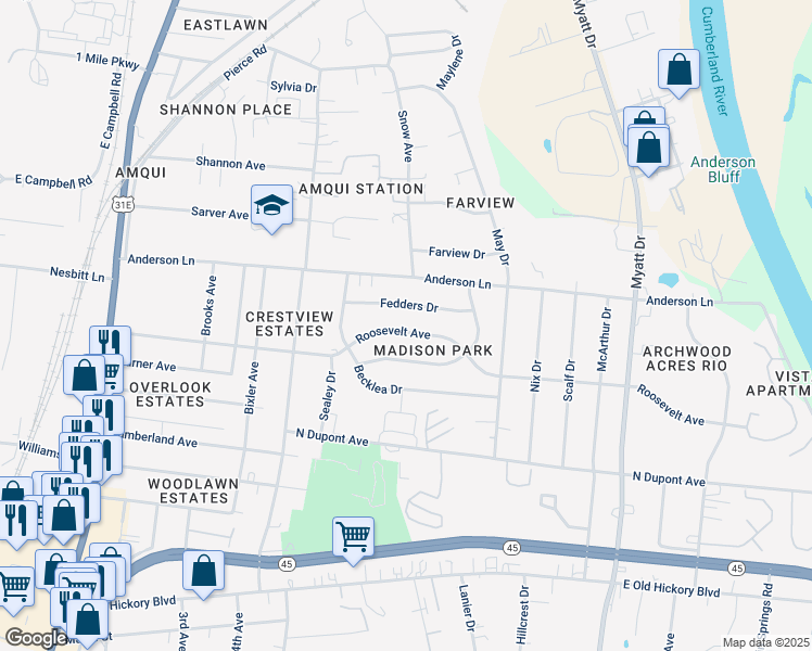 map of restaurants, bars, coffee shops, grocery stores, and more near 537 Roosevelt Avenue in Nashville