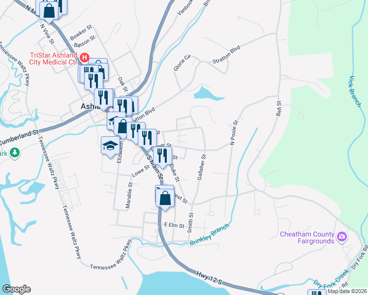 map of restaurants, bars, coffee shops, grocery stores, and more near 115 Turner Street in Ashland City