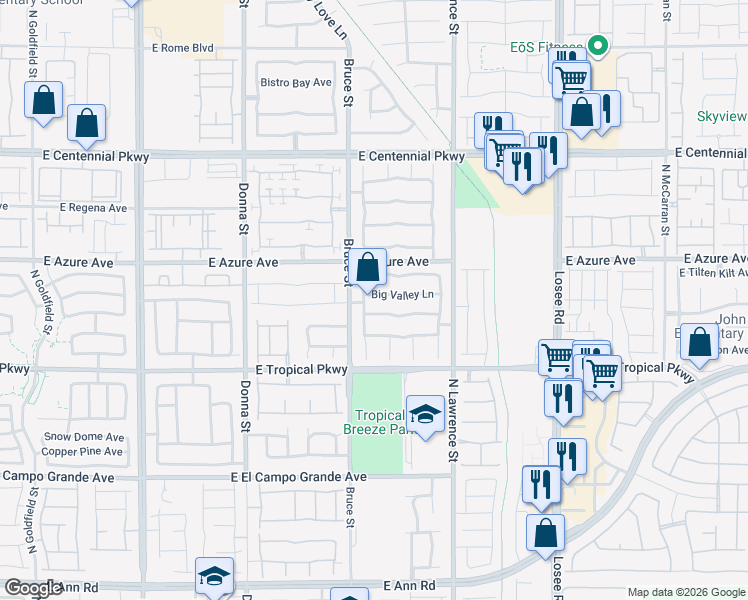 map of restaurants, bars, coffee shops, grocery stores, and more near 1413 Big Valley Lane in North Las Vegas