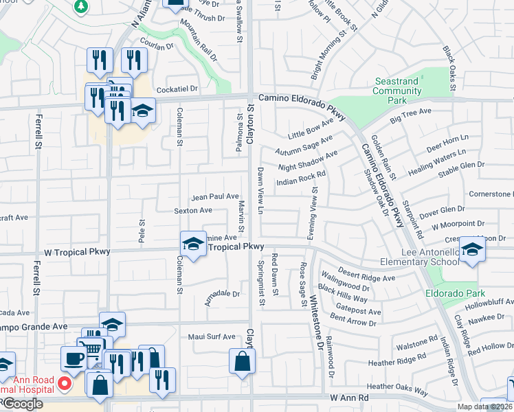 map of restaurants, bars, coffee shops, grocery stores, and more near 6107 Dawn View Lane in North Las Vegas