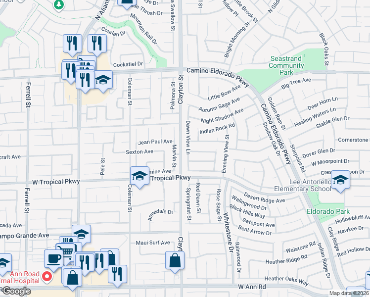 map of restaurants, bars, coffee shops, grocery stores, and more near 6107 Dawn View Lane in North Las Vegas