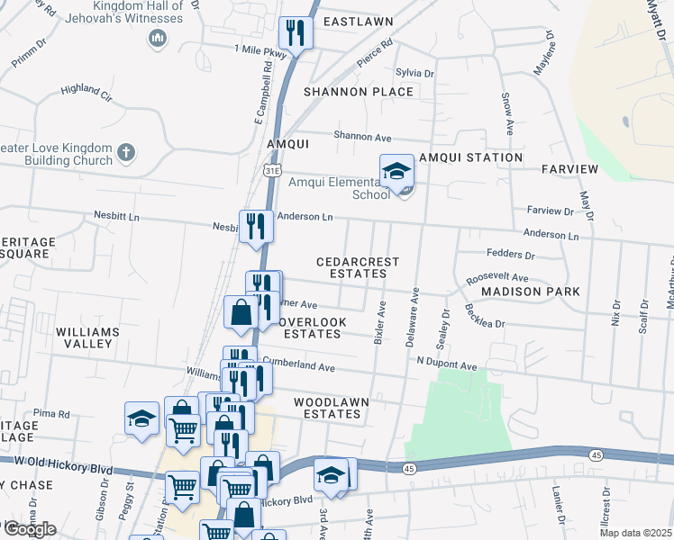 map of restaurants, bars, coffee shops, grocery stores, and more near 811 Brooks Avenue in Nashville