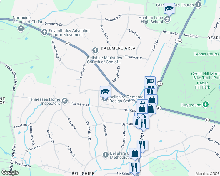 map of restaurants, bars, coffee shops, grocery stores, and more near 1199 West Old Hickory Boulevard in Nashville
