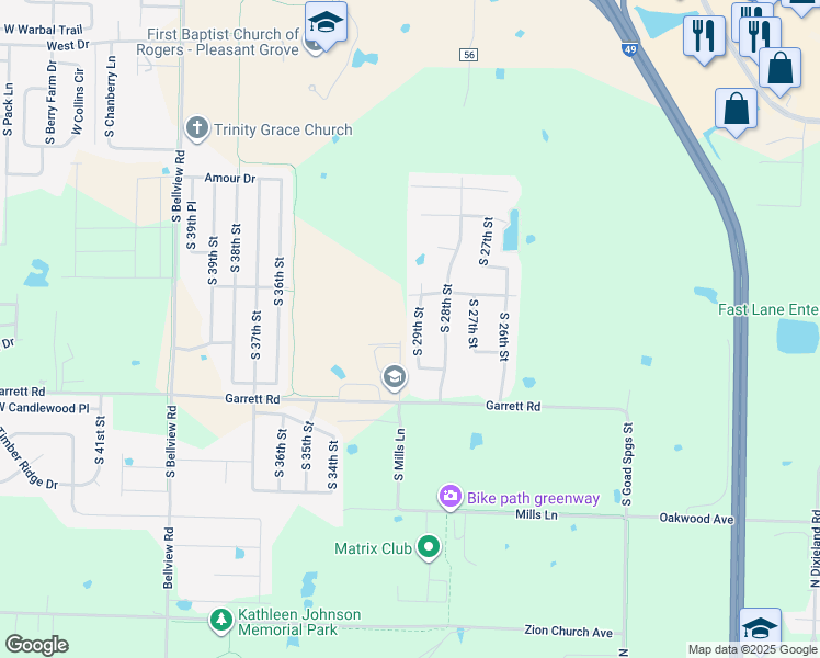 map of restaurants, bars, coffee shops, grocery stores, and more near 6209 South 29th Street in Rogers