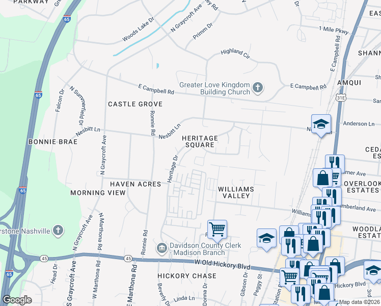 map of restaurants, bars, coffee shops, grocery stores, and more near 714 Heritage Square Drive in Nashville