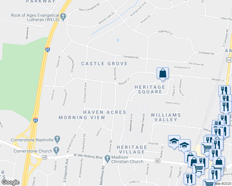 map of restaurants, bars, coffee shops, grocery stores, and more near 623 Ronnie Road in Nashville