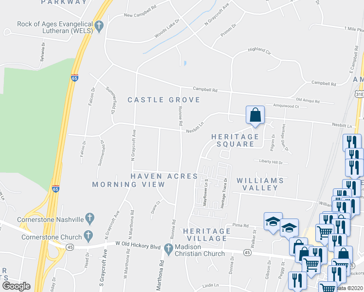 map of restaurants, bars, coffee shops, grocery stores, and more near Ronnie Road in Nashville