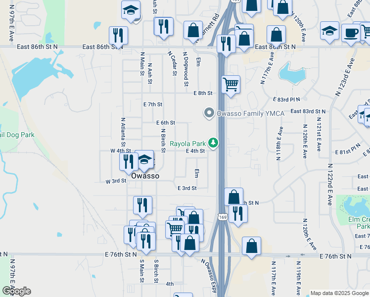 map of restaurants, bars, coffee shops, grocery stores, and more near 402 North Dogwood Street in Owasso