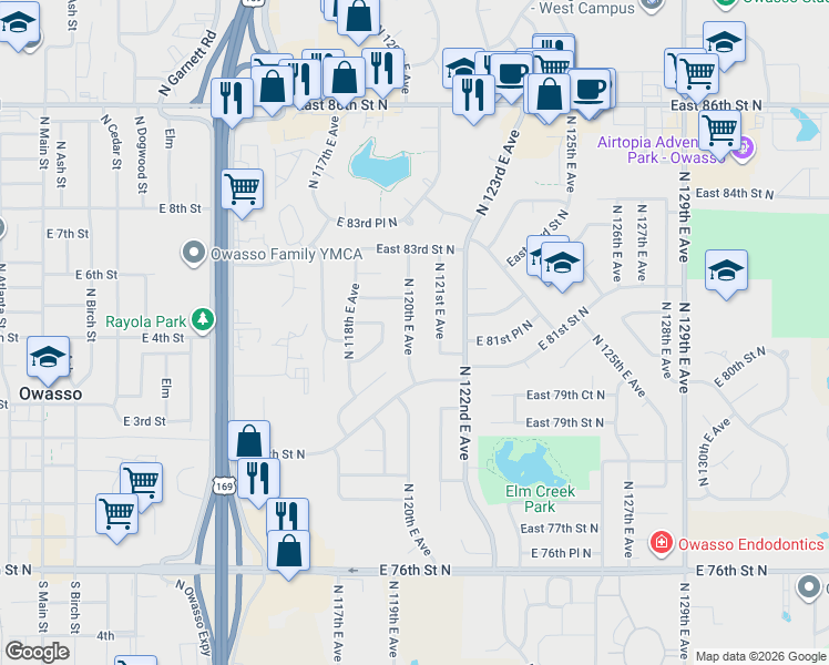 map of restaurants, bars, coffee shops, grocery stores, and more near 8104 North 120th East Avenue in Owasso