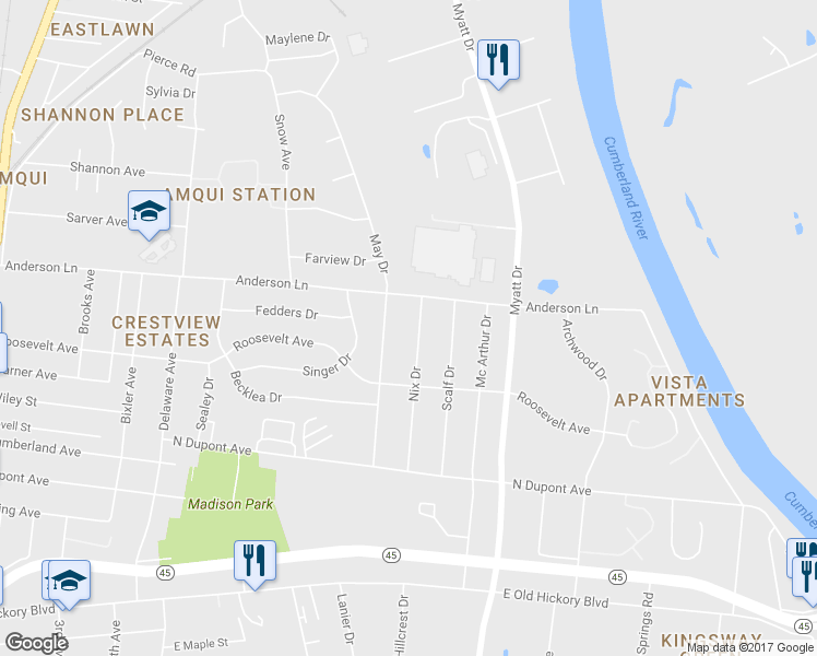 map of restaurants, bars, coffee shops, grocery stores, and more near 321 Nix Drive in Nashville