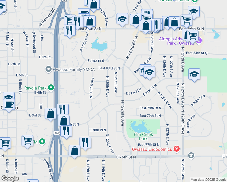 map of restaurants, bars, coffee shops, grocery stores, and more near 8109 North 121st East Avenue in Owasso