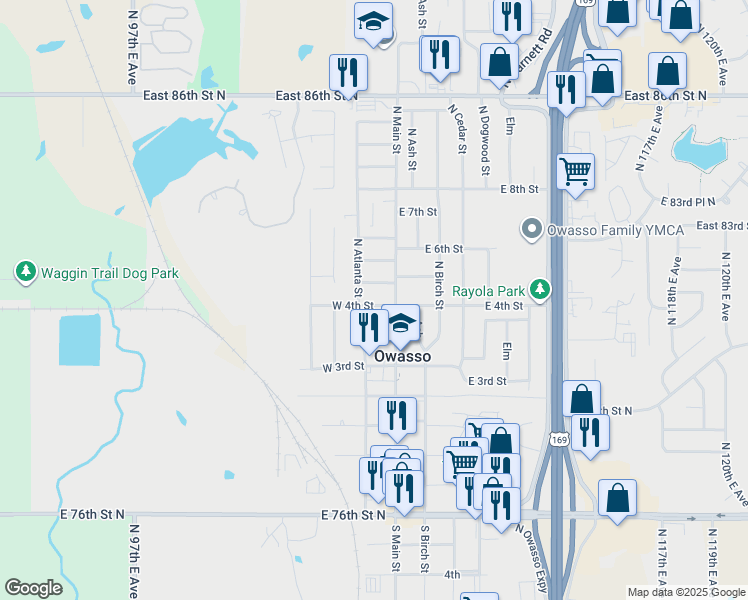 map of restaurants, bars, coffee shops, grocery stores, and more near 107 West 4th Street in Owasso