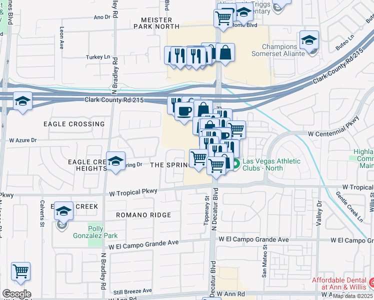 map of restaurants, bars, coffee shops, grocery stores, and more near 6128 Seneca Springs Street in Las Vegas