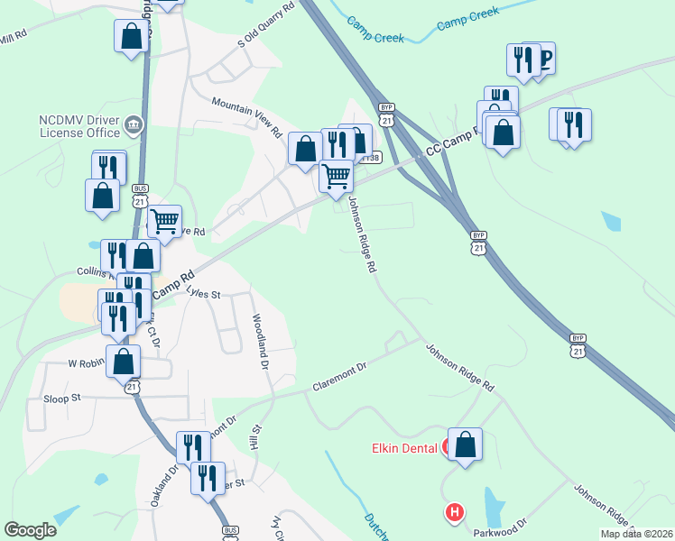 map of restaurants, bars, coffee shops, grocery stores, and more near 941 Johnson Ridge Road in Elkin