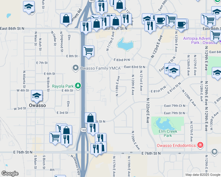 map of restaurants, bars, coffee shops, grocery stores, and more near 8203 North 117th East Avenue in Owasso