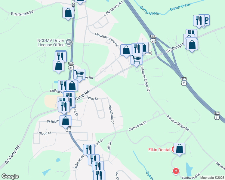 map of restaurants, bars, coffee shops, grocery stores, and more near 315 Woodland Drive in Elkin