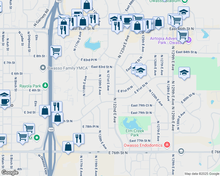 map of restaurants, bars, coffee shops, grocery stores, and more near 8109 North 121st East Avenue in Owasso