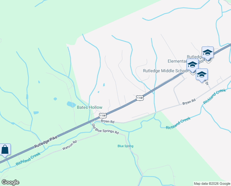 map of restaurants, bars, coffee shops, grocery stores, and more near 157 West Hills Road in Rutledge