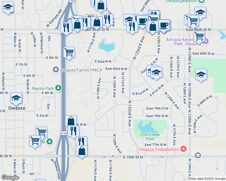 map of restaurants, bars, coffee shops, grocery stores, and more near 8104 North 120th East Avenue in Owasso