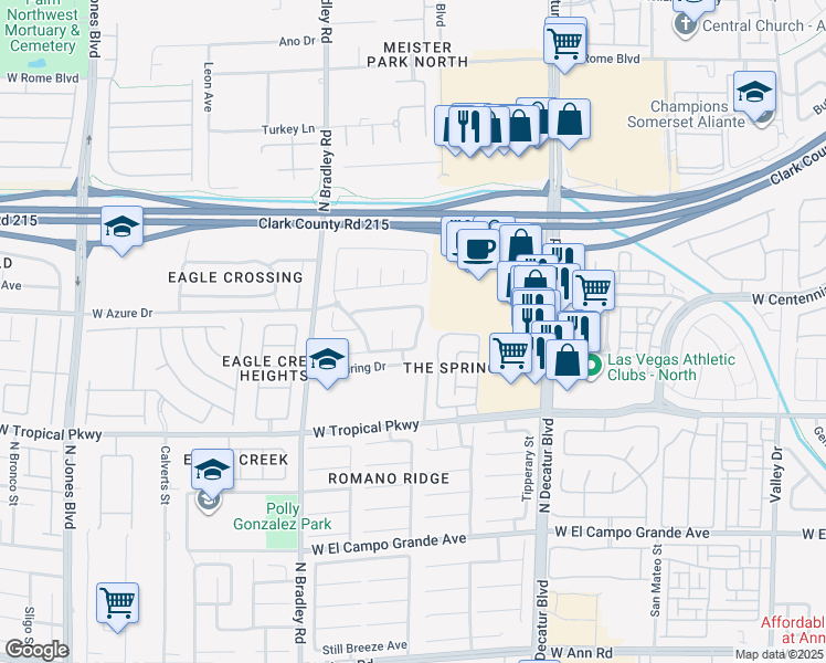 map of restaurants, bars, coffee shops, grocery stores, and more near 6017 White Meadow Street in Las Vegas