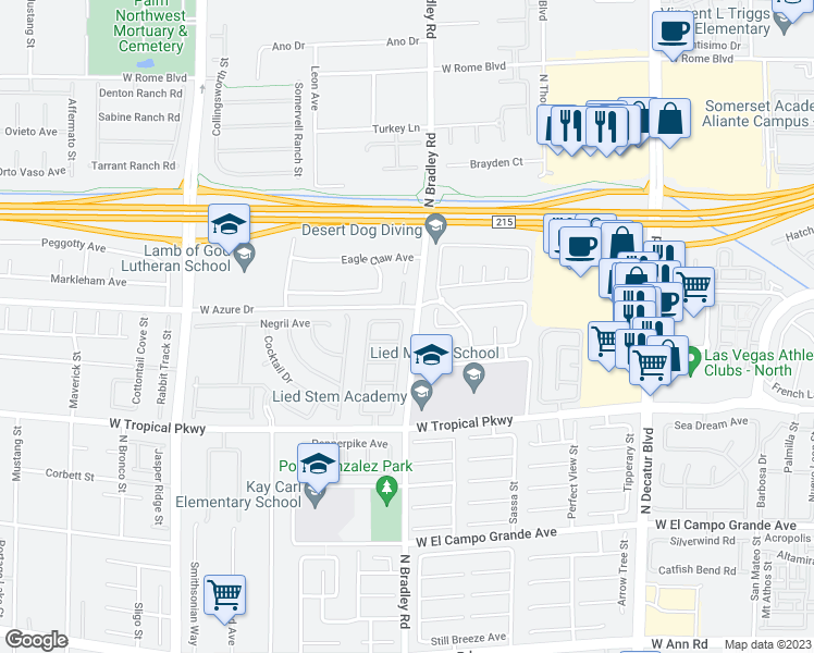 map of restaurants, bars, coffee shops, grocery stores, and more near 6136 Crystal Cascade Street in Las Vegas