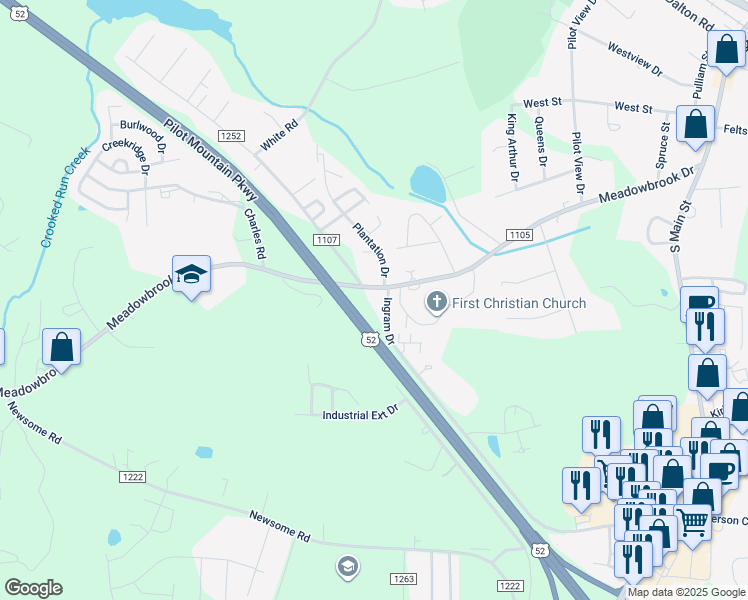 map of restaurants, bars, coffee shops, grocery stores, and more near 621 Ingram Drive in King