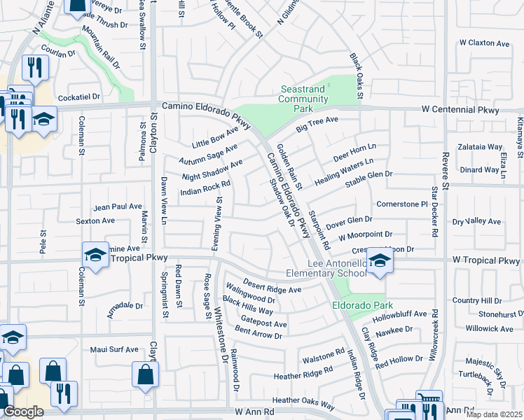 map of restaurants, bars, coffee shops, grocery stores, and more near 1611 Spotted Pony Drive in North Las Vegas