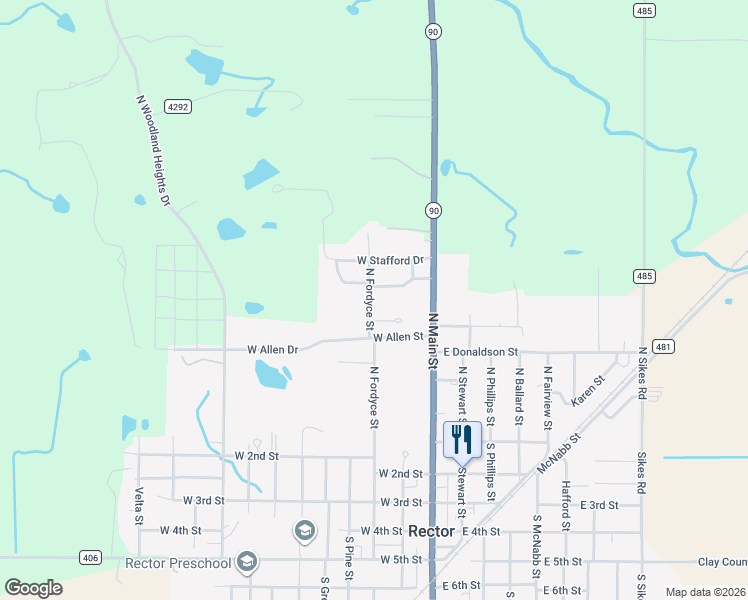 map of restaurants, bars, coffee shops, grocery stores, and more near 236 North Fordyce Street in Rector