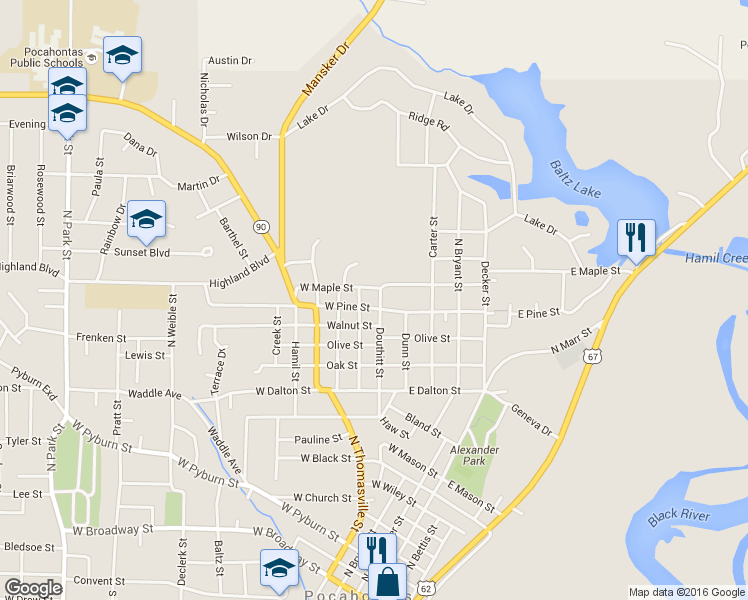 map of restaurants, bars, coffee shops, grocery stores, and more near 502 West Pine Street in Pocahontas