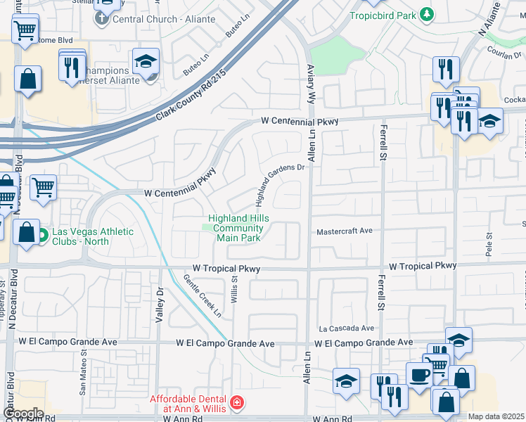 map of restaurants, bars, coffee shops, grocery stores, and more near 6142 Highland Gardens Drive in North Las Vegas