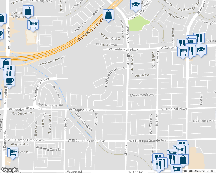map of restaurants, bars, coffee shops, grocery stores, and more near 6142 Highland Gardens Drive in North Las Vegas