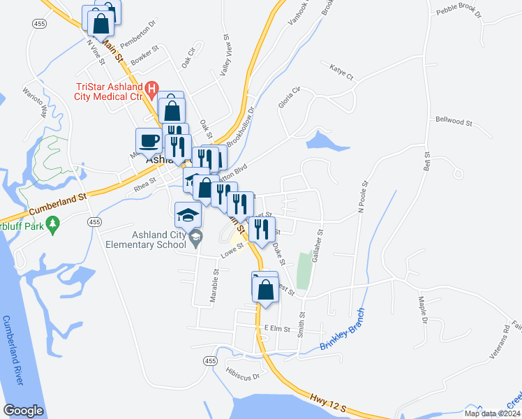 map of restaurants, bars, coffee shops, grocery stores, and more near 105 Turner Street in Ashland City