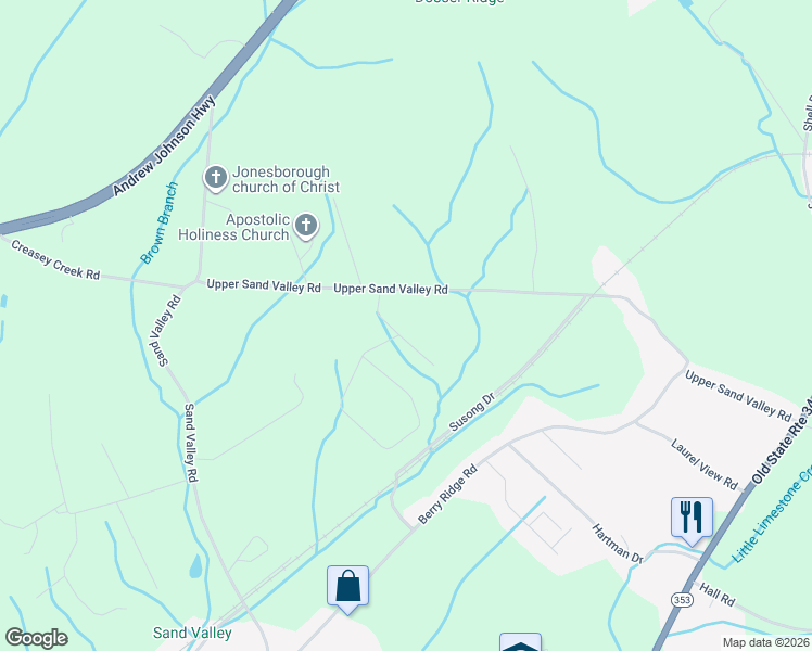 map of restaurants, bars, coffee shops, grocery stores, and more near 123 Olivia Lee Court in Jonesborough