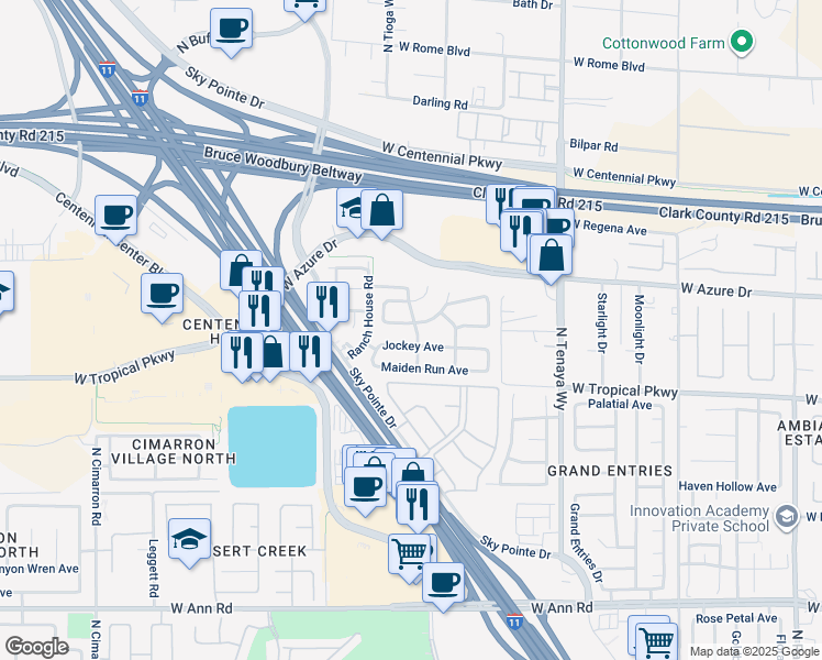 map of restaurants, bars, coffee shops, grocery stores, and more near 7501 Hickory Hills Drive in Las Vegas