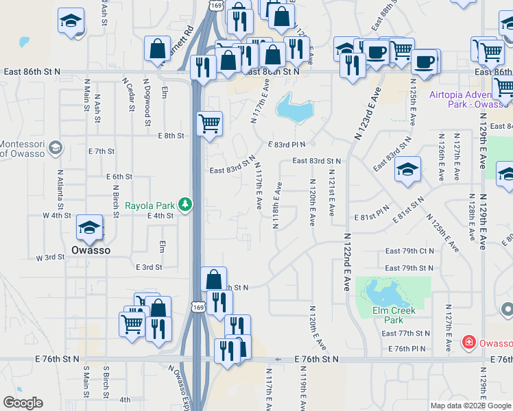 map of restaurants, bars, coffee shops, grocery stores, and more near 8203 North 117th East Avenue in Owasso