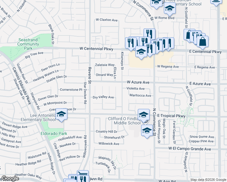 map of restaurants, bars, coffee shops, grocery stores, and more near 6117 Dogwood Falls Court in North Las Vegas
