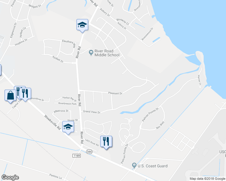 map of restaurants, bars, coffee shops, grocery stores, and more near 200 Pleasant Drive in Elizabeth City