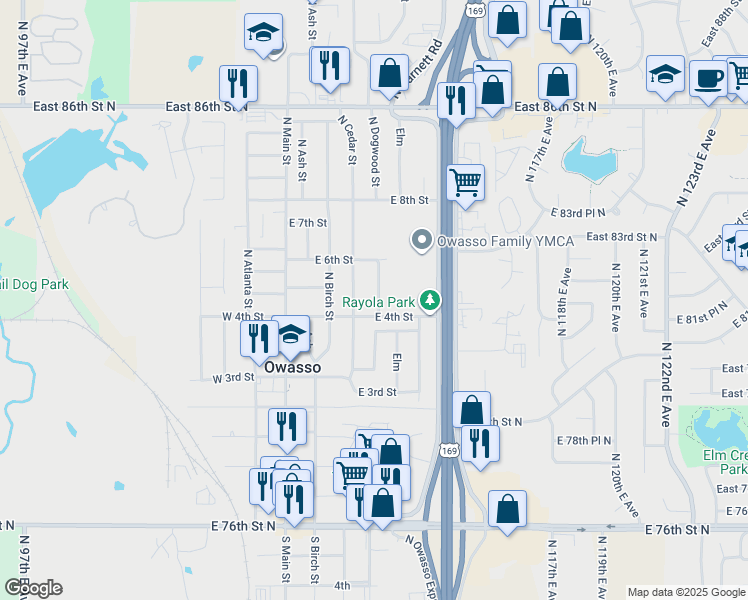 map of restaurants, bars, coffee shops, grocery stores, and more near 402 North Dogwood Street in Owasso