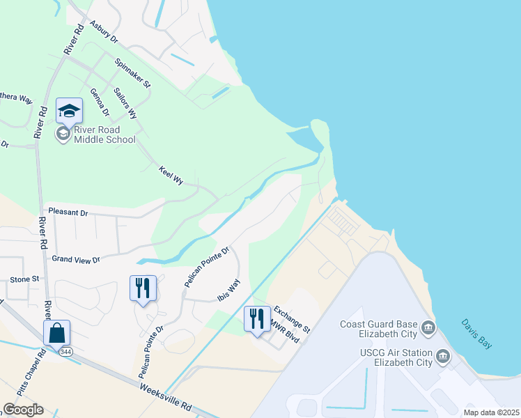 map of restaurants, bars, coffee shops, grocery stores, and more near 155 Pelican Pointe Drive in Elizabeth City