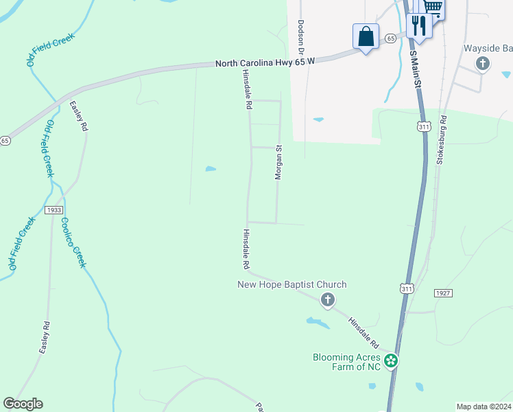 map of restaurants, bars, coffee shops, grocery stores, and more near 1245 Hinsdale Road in Walnut Cove
